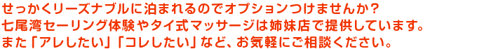 せっかくリーズナブルに泊まれるのでオプションつけませんか?七尾湾セーリング体験やタイ式マッサージは姉妹店で提供しています。また「アレしたい」「コレしたい」など、お気軽にご相談ください。